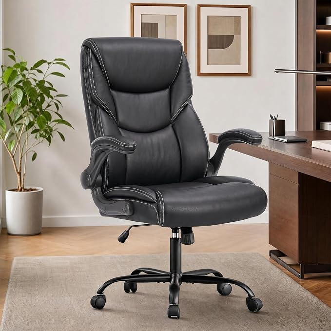Sweetcrispy Computer Gaming Chair, Ergonomic High Back Heavy Duty Task Desk Office Chairs with Wheels, Flip-up Arms, Adjustable Height, PU Leather,Inky