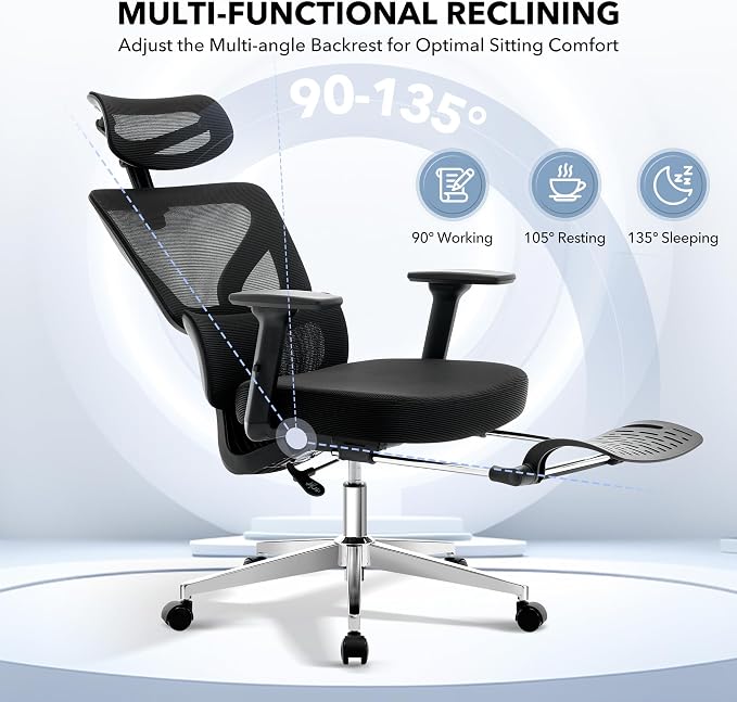 Office Chair Ergonomic Desk Chair - Home Mesh Chair with Adjustable Footrest Lumbar Support, High-Back Computer Gaming Chair with Headrest 3D Armrests, Rolling Swivel Task Chairs for Home, Office