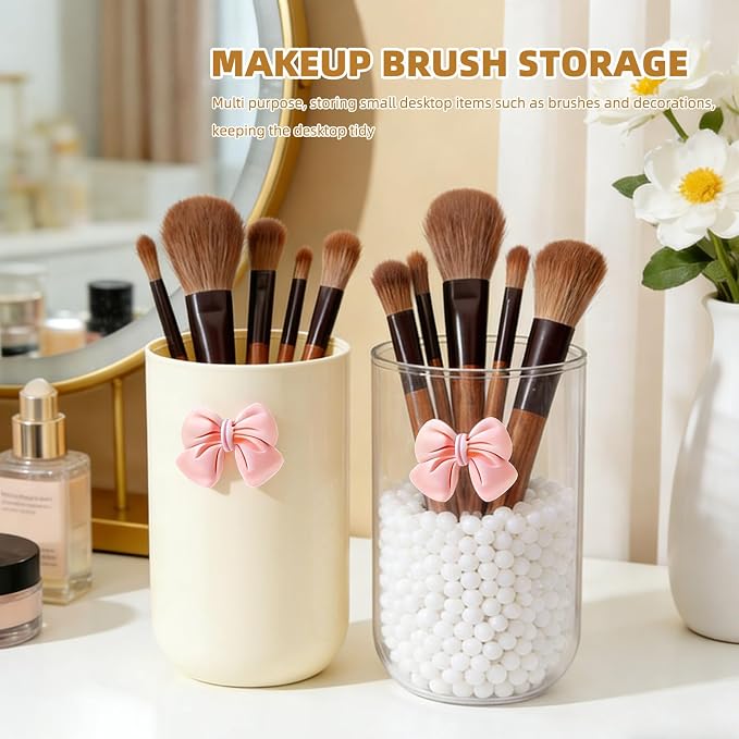 2 Pack Pen Pencil Holder for Desk, Acrylic Desk Organizer with Bow Clear Makeup Brush Holder Cup Desktop Stationery for Office School (Transparent+Beige)