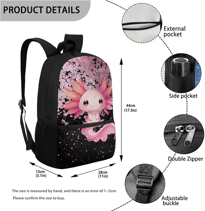 WELLFLYHOM Girls Axolotl School Backpack with Lunch Box, Pink 17 Inch Cherry Blossom 4PCS Backpack Set for Elementary Kids 6-11, Reduce Shoulder Pressure for Child, Back to School Supplies
