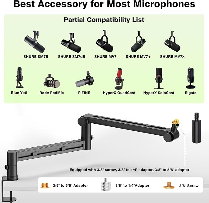 AA AUDIO ACCESSORY Mic Arm Desk Mount (Design for Heavy Mic) 6.6lbs Load Capacity, Stable Gear Lock Never Sags, Metal Low Profile Microphone Boom Stand for Shure SM7B SM7dB MV7, Blue Yeti, Rode PodMic