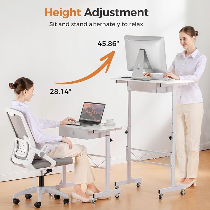 COMHOMA Portable Standing Desk Adjustable Height 30.7"-46.4", Standing Desk with Drawers, Mobile Rolling Computer Desk for Home Office Work and Walking Pad Treadmill, Carbon Fiber White