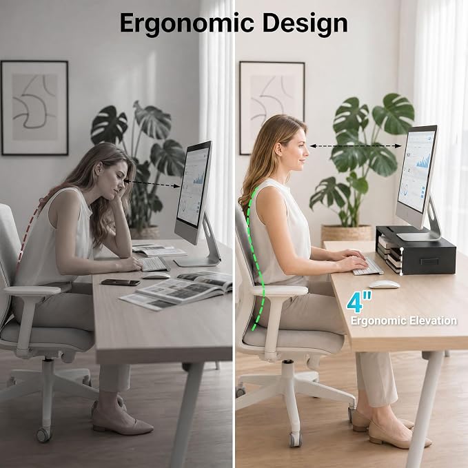 1home Monitor Stand Riser, 16.7 Inch Wood Monitor Riser Stand with Storage Organizer, Desktop Ergonomic Monitor Stand Riser with Cellphone Holder and Cable Management, Black | 16.7 Inch Wood Monitor Riser Stand, Desktop Stand for PC/TV/Laptop/Printer, ...