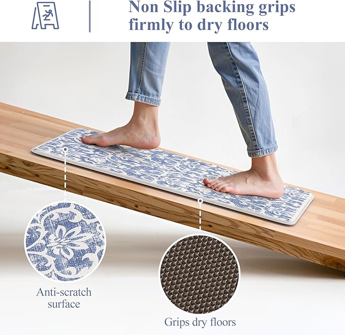 LEEVAN Anti Fatigue Mats for Kitchen Floor Sets of 2, Vintage Distressed Blue Cushioned Kitchen Mat for Laundry,Non Slip Memory Foam Standing Mat for Home, Office, Desk,Sink(17.3"x29"+17.3"x59")