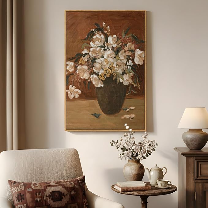 Framed Vintage Floral Wall Art for Living Room, Rustic Retro Flower Brown Canvas Painting Print, Antique Botanical in Vase Vertical Picture for Kitchen Bedroom Hallway Office Wall Decor, 24x36 Inch