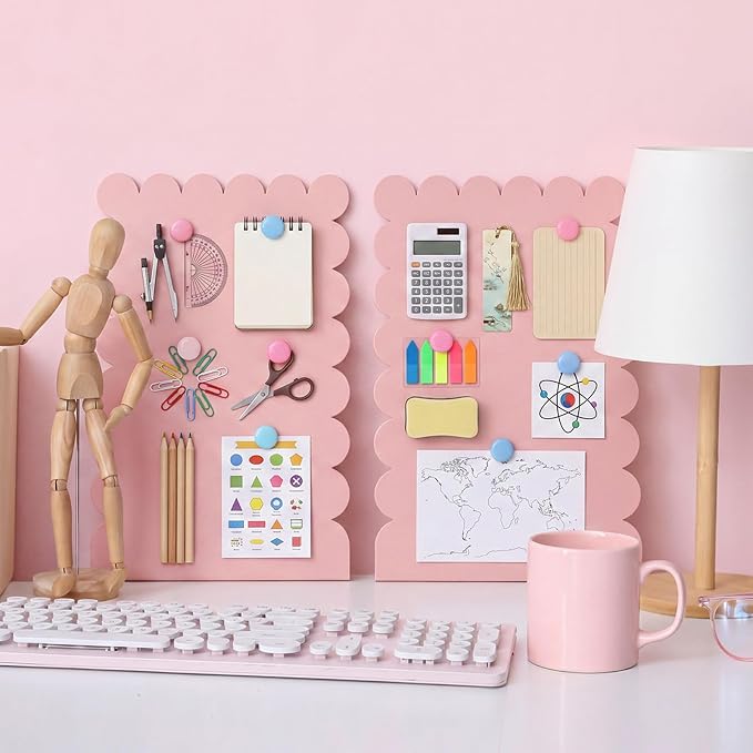 Gueevin 2 Pcs Magnet Board Standing Magnetic Metal Board for Desk and Wall Scalloped Magnetic Display Stand for Memos Photos and Documents Home Office School Desk Storage Decoration(Pink,Large)