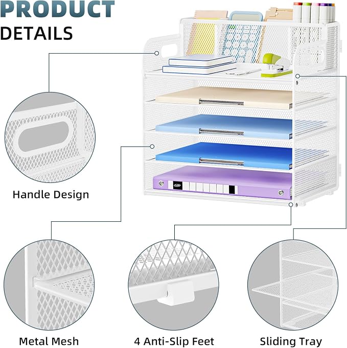 Marbrasse Paper Organizer, Mesh Desk Letter Tray with 3 Pen Holders,White | Paper Sorter Desk Organizer for Letter/A4 Office File Folder Holder Home Office Supplies