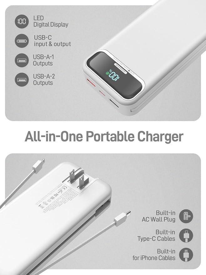 Nusyddy Portable Charger 20000mAh 22.5W w/Built-in Cables & Wall Plug White | 22.5W Fast Charging, High Capacity, LED Display, Charge 5 Devices at once, TSA Approved, Compatible with iPhone/iPad/Samsung