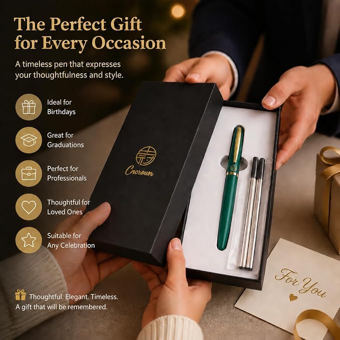 Luxury Gold Rollerball Pen, 24K gold-plated exquisite pen body, stylish and simple design, two ink refills, gift set for men and women, executive writing, office, graduation gift (Green)