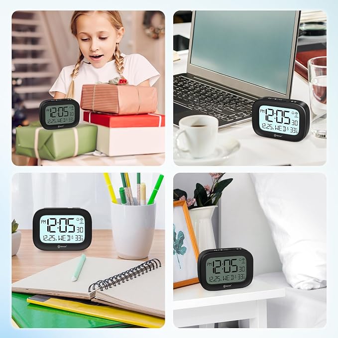 Geevon Travel Alarm Clock Battery Operated with Temp & 10s Backlight | 3 Inch LCD Display Clock, Portable with Snooze, Perfect for Home Office Kitchen Bedroom Outdoor, Nice Gift for Any Occasion