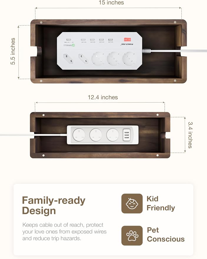 TIDITA Set 2 Wooden Large Cable Management Box Round Edge (Walnut Color) | Set of 2 Sizes, Cable Slots, Magnetic Lid, Non-Skid Pads, Solid Acacia Wood, Wooden Power Strip Box, Surge Protector Box