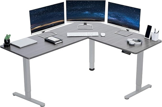 VIVO Corner Standing Desk, 63 x 55 inch Reversible L-Shaped Workstation, Electric Height Adjustment, Home, Office, and Reception Rooms, Dark Gray Table Top Gray Frame, DESK-E3CTGG