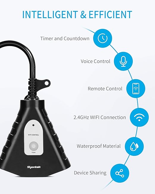 Outdoor WiFi Outlet, Outdoor Plug with 3 Ground Outlets, Compatible with Amazon Alexa, Google Assistant, Remote Control Outdoor Light Timer Outlet Waterproof, FCC Certified