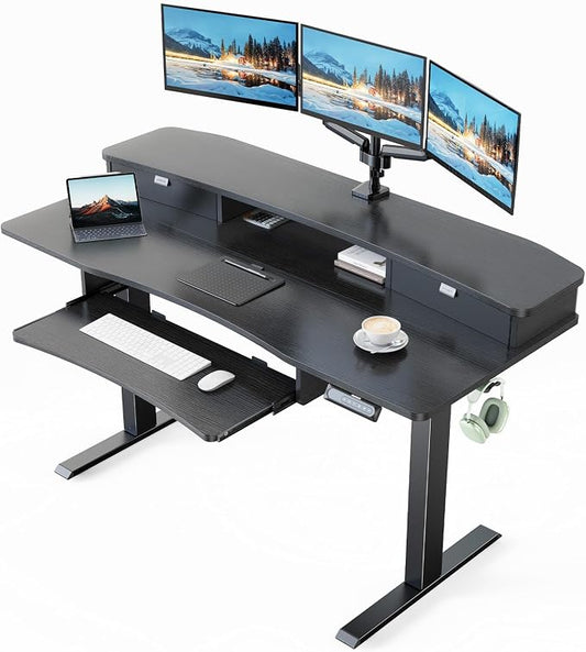 HUANUO 55" x 26" Electric Standing Desk, 2 Drawers & Keyboard Tray, Black | Ergonomic Desk with 2 Drawers: 27.9"-46.8" electric lifting. 26.7" keyboard tray & C-clamp mount top maximize workspace