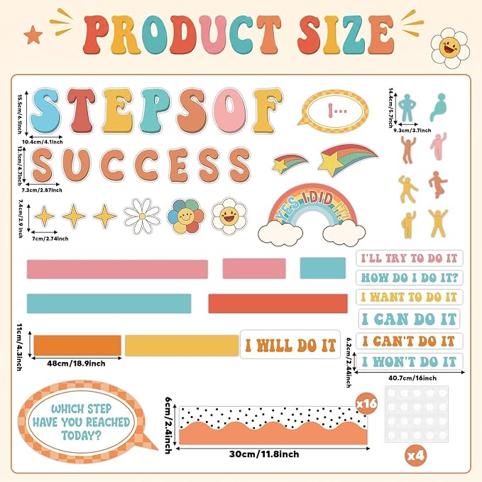 Motivational Bulletin Board Decorations Set Back to School Positive Classroom Decor Steps of Success Paper Cutouts Educational Sayings Accents for School Door Wall Chalkboard Decor Supplies (Groovy)