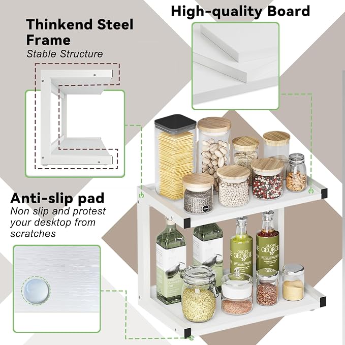MARTY Kitchen Counter Shelf Organizer, 2 Tier Coffee Station/Bar Organizer | Spice Rack for Countertop, Mugs Cups, Desk Shelf Riser, Bathroom Counter Organizer, Wood+Metal, White