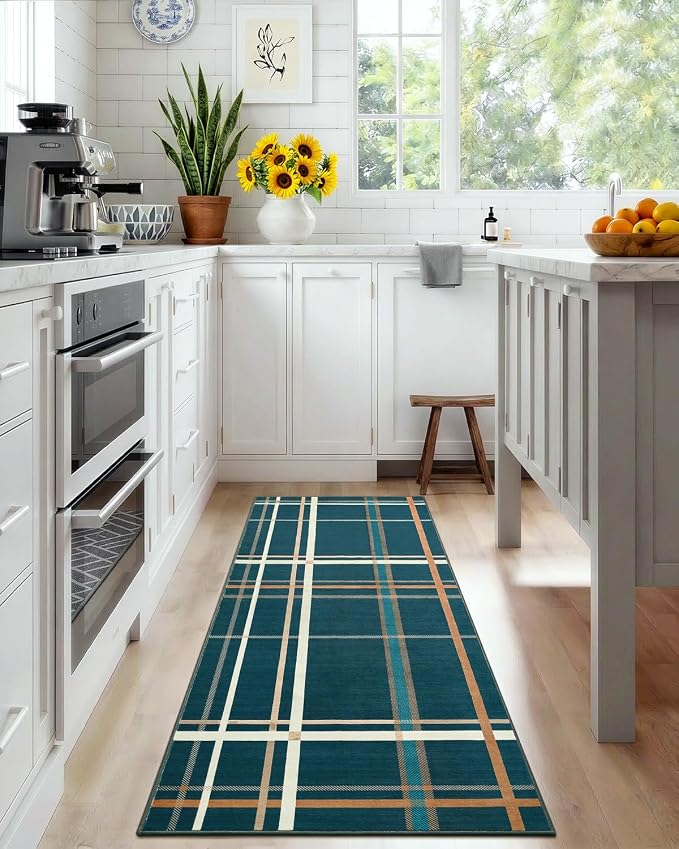 Terrug Plaid Runner Rugs for Kitchen, Blue 2x6 Checkered Area Rug Washable with Non Slip for Bedroom, Soft Low Pile Stain Resistance Carpet for Entryway Hallway