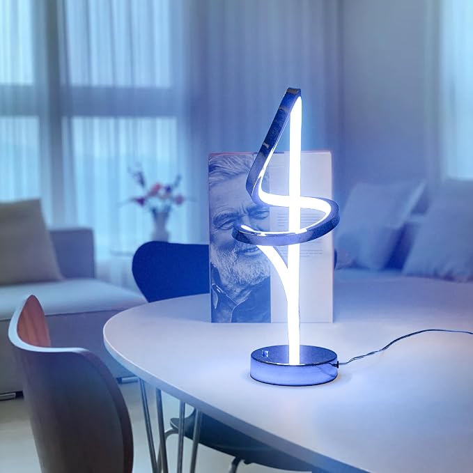 Mayful RGB Modern Table Lamp with 15W LED Unique Spiral Design, Silver Small Bedside Lamp & Nightstand Lamp, Touch Dimmable with 7 Colors & 10 Modes for Bedroom, Living Room, Nightstand, Office