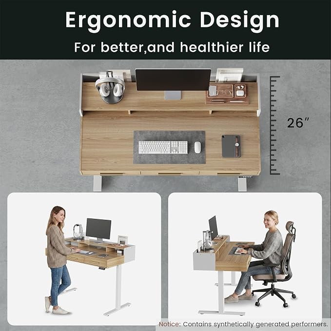 ModernMate 48" Electric Standing Desk with 3 Drawers & Monitor Shelf | Height Adjustable Sit Stand Desk, Home Office Computer Workstation with Storage for Small Space, Light Walnut
