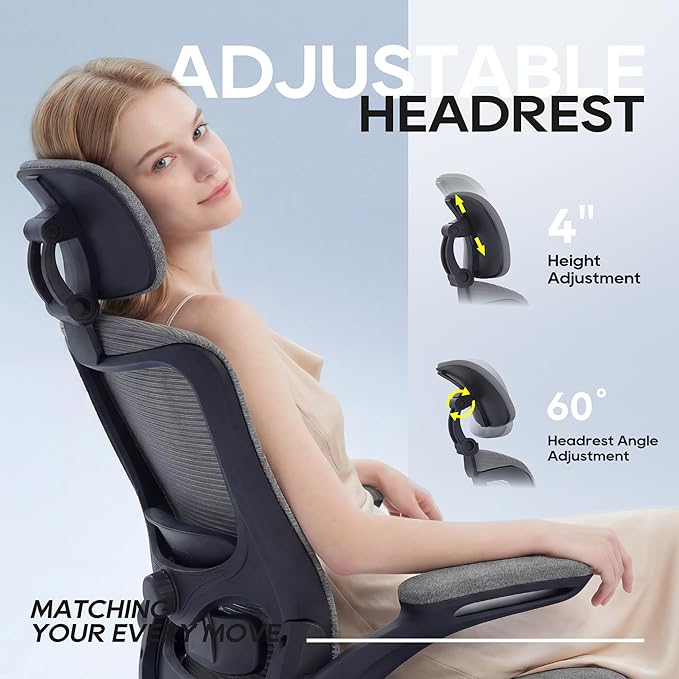 Ergonomic Office Chair, High Back Mesh Desk Chair with Adjustable Lumbar Support & Headrest, Flip-up Armrest, Computer Task Chairs for Home and Executive Office (B-Grey)
