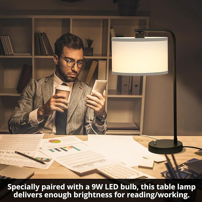 Seaside village Table Lamp for Bedroom with USB C+A Ports, Fully Stepless Dimmable Farmhouse Bedside Lamp Nightstand Light, Tall Reading Desk Lamp for Living Room, Office, 9W LED Bulb Included