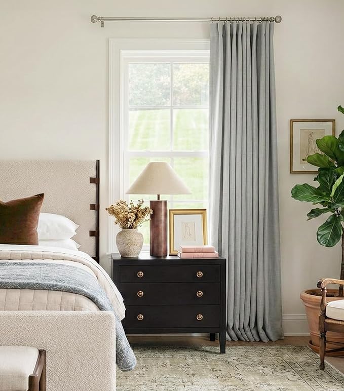 INOVADAY 100% Blackout Curtains for Bedroom, Grey Black Out Curtains 96 Inch Long, Clip Rings Linen Blackout Drapes, Thermal Insulated Room Darkening for Living Room, 2 Panels - W50xL96