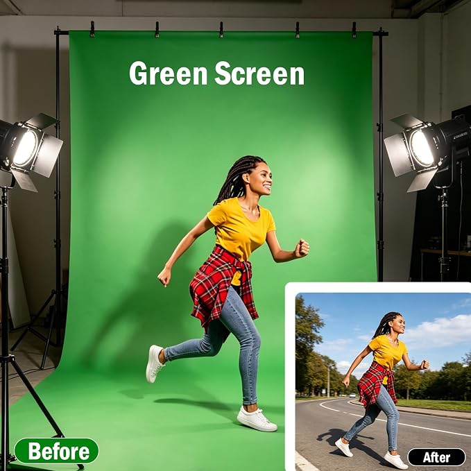 Green Screen Backdrop Kit - 10ft Wide x 6.5ft Tall Portable Green Screen with Heavy Duty Stand, 5 Heavy Duty Clamps & Carrying Bag for Professional Photography, Video Production, Gaming, Zoom Calls