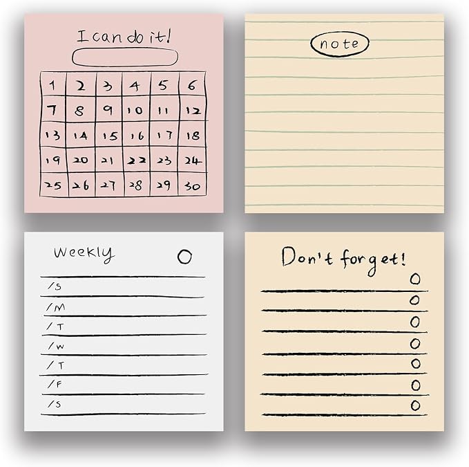 Retro 4-Pads 3x3in Sticky Notes, High-Adhesive Productivity Planner Memo Pads for Time Management, Self-Stick Notes Vintage Daily Task Notes for Journal Office School Home, Stationery Gift