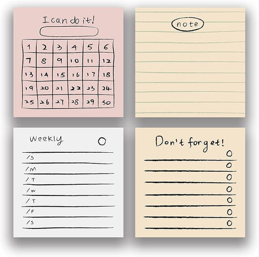 Retro 4-Pads 3x3in Sticky Notes, High-Adhesive Productivity Planner Memo Pads for Time Management, Self-Stick Notes Vintage Daily Task Notes for Journal Office School Home, Stationery Gift
