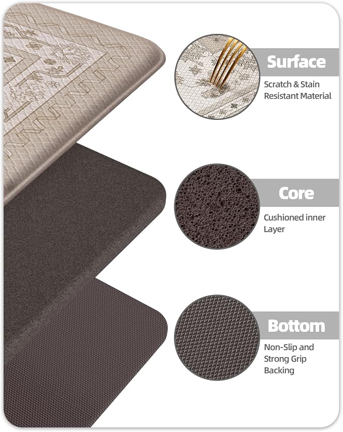 Color&Geometry Kitchen Floor Mat 24x59 Vintage Anti Fatigue, Beige | 0.4in Cushion Standing Mat For Cooking/Working/Laundry, Boho Decor, Non Slip PVC Kitchen Rug, Oil/Water Proof, Anti Slip