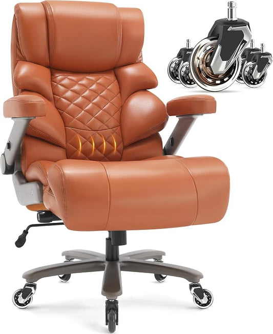 VUZI 700lbs Big and Tall Office Chair, Large Executive Leather Desk Chair | Adjustable Lumbar Support for Back Pain, Plus Size Wheels, 3D Flip Arms, Heavy Duty Metal Base, Wide Seat Computer Chair