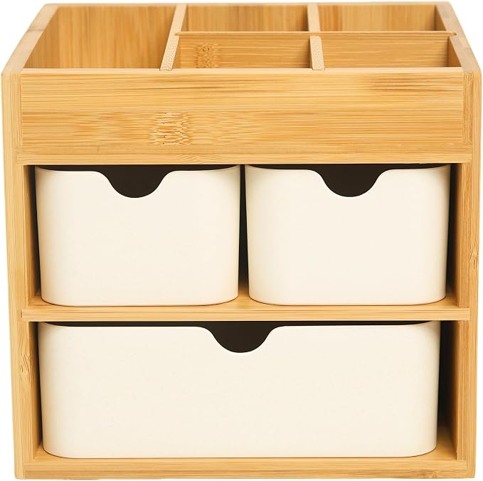 Small Bamboo Makeup Organizer with 3 Drawers | Wood Makeup Organizer, Dresser Cosmetic Box Organizer, For Home, Adjustable Dividers