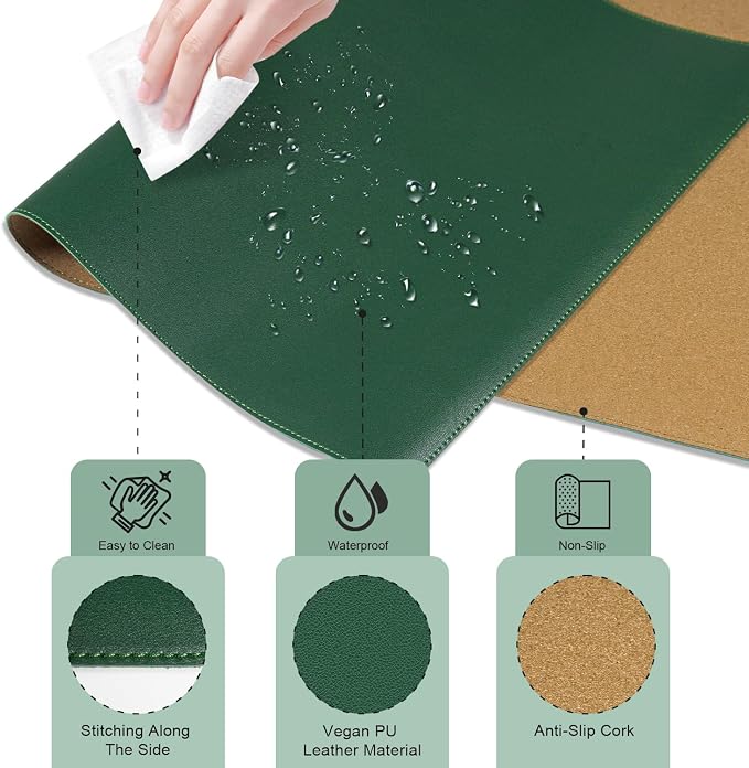 Non Slip Desk Mat, 31.5" x 15.7" PU Leather Desk Pad, Cork Desk Mat for Desktop, Desk Pad for Keyboard and Mouse, Ideal for Office and Home, Dark Green