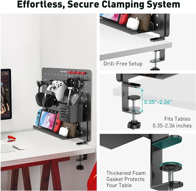 Clamp on Desk Pegboard 16.5"x12.6", Black Heavy Duty Steel Desktop Organizer with 4 Magnet Pins, No-Drill Metal Peg Board Mount for Office & Gaming, Horizontal/Vertical