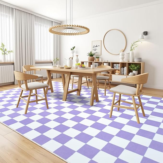 Terrug Purple and White Checkered Rug for Living Room,5x7 Area Rugs Washable with Non Slip for Bedroom,Soft Low Pile Stain Resistance Retro Carpet for Dorm Kids Room