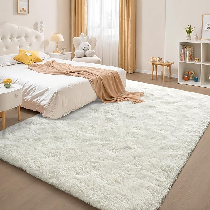 Zentavio White Area Rugs for Bedroom Soft Large Living Room Rugs 5x8 Fluffy Furry Shag Aesthetic Carpet Plush High Pile Floor Rug for Nursery Kids Room Dorm Home Decor