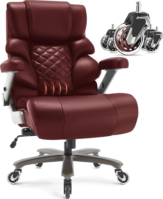 VUZI 700lbs Big and Tall Office Chair, Large Executive Leather Desk Chair | Adjustable Lumbar Support for Back Pain, Plus Size Wheels, 3D Flip Arms, Heavy Duty Metal Base, Wide Seat Computer Chair