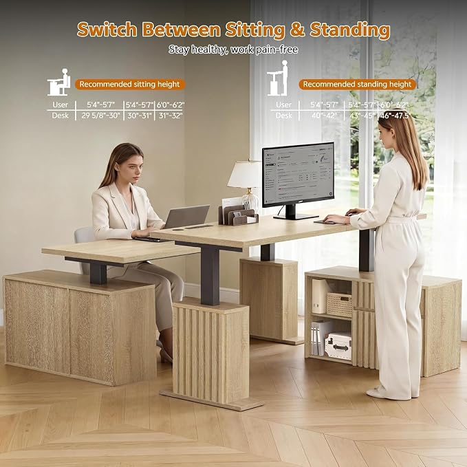 67" L Shaped Standing Desk with Drawers, Electric Height Adjustable Corner Desk, Sit Stand Office Desk with 4 AC Outlets & Type C Port, Executive Computer Desk with Cabinet, Natural