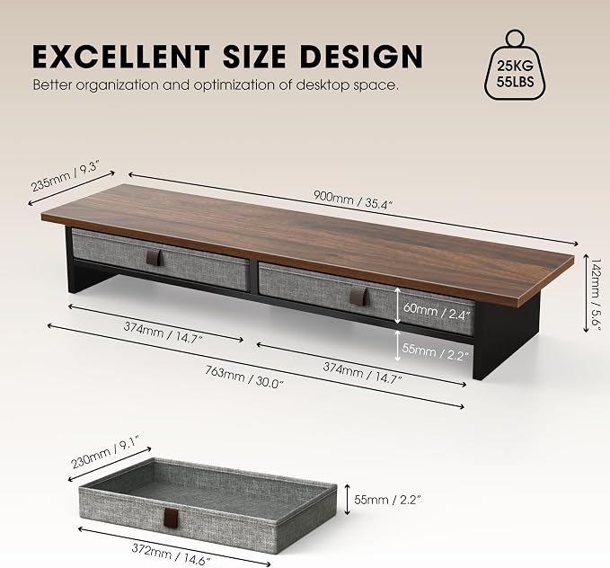 Fenge 35 Inch Monitor Stand with Drawer Storage, Computer Riser for Desk | Wooden Computer Shelf, 2 Tiers, for Dual Monitor/Laptop/PC/TV/Printer up to 55Lbs, Home Office Desk Organizer