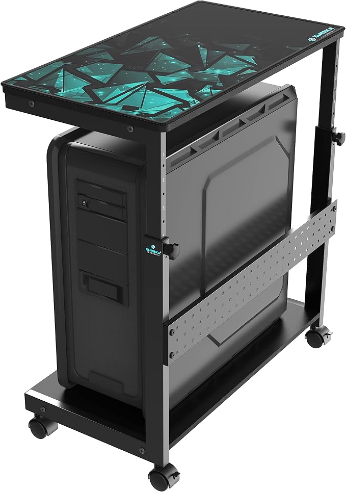 EUREKA ERGONOMIC PC Stand Height Adjustable Black | Height-adjustable 2-tier PC stand with wheels for ATX computer cases or printers, durable steel frame and smooth mobility