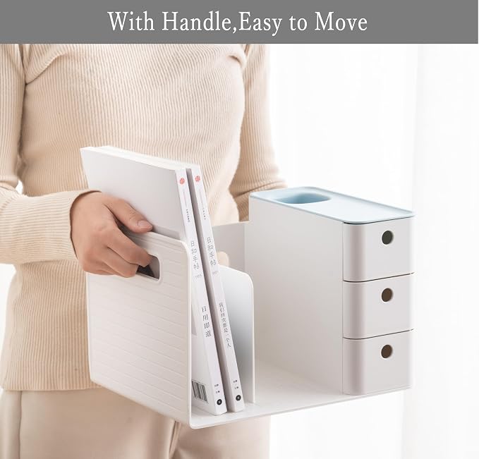 White Plastic Desktop Organizer with File slots,3-tier Drawers with Pen Holder,Book Stand for Office Supplies and Desk Accessories (White+Grey)
