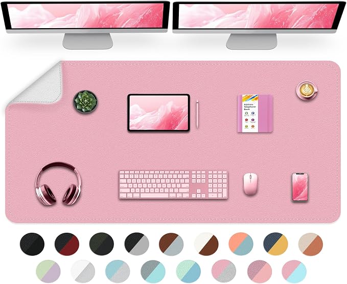 Dual-Sided Desk Mat, Large Desk Pad, Waterproof Smooth PU Leather Desk Blotter Protector Mouse Pad, Desk Organizers, Office/Home Table Decor for Reading and Writing (Pink+Slivery, 47.2''×23.6'')