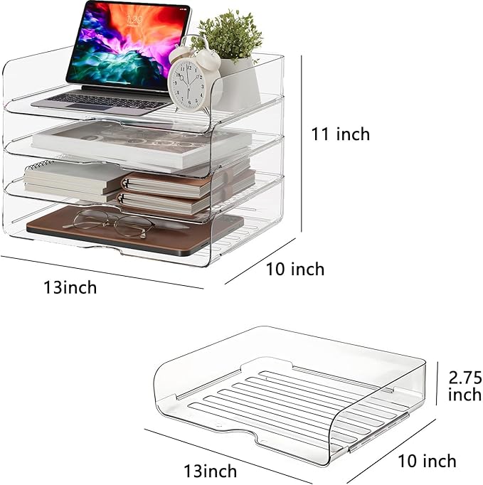 DCA 4 Tier Large Capacity Desk Organizer, Clear Stackable Paper Tray | High-Volume File Storage | Office, Home & School Use | Easy Assemble | Letter & A4 Compatible