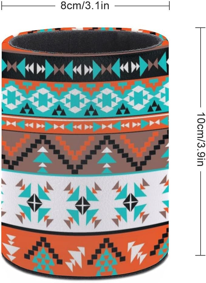 Western Aztec Pen Holder for Desk PU Pencil Cup Organizer | Round Desks Makeup Brush Holder for School Multifunctional Office Supplies