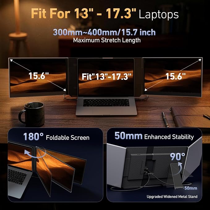 Vixtan 15.6" Triple Laptop Screen Extender, Ultra-Thin FHD IPS Portable Monitor for Laptop, USB-C Plug & Play Multi Screen Attachment for 13-17.3" laptops with Windows/Mac/Chrome