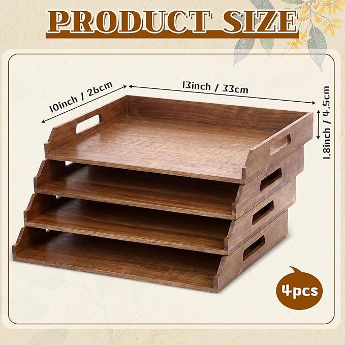 4 Pcs Stackable Paper Tray Bamboo Wood Desk Organizer Letter Tray 4 Tier Wooden File Organizer Desk Shelf for Documents, Letter Sorter, Envelopes and Magazine Holder