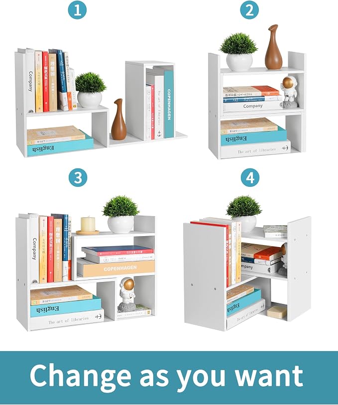 Desktop Shelf Organizer,Adjustable Stackable Office Storage Rack,Wood Display Shelf,White Small Bookshelf for Desktop,Tabletop Desk Shelf,Multipurpose Shelves for Office, Dormitory,Home Decor.