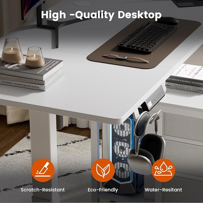 REAHOME 47 Inch White Electric Height Adjustable Standing Desk with Drawers | Dual Motor Sit-Stand Frame With 3 Memory Presets, Printer Cabinet, Hooks & Cable Management For Home Office Gaming Desk