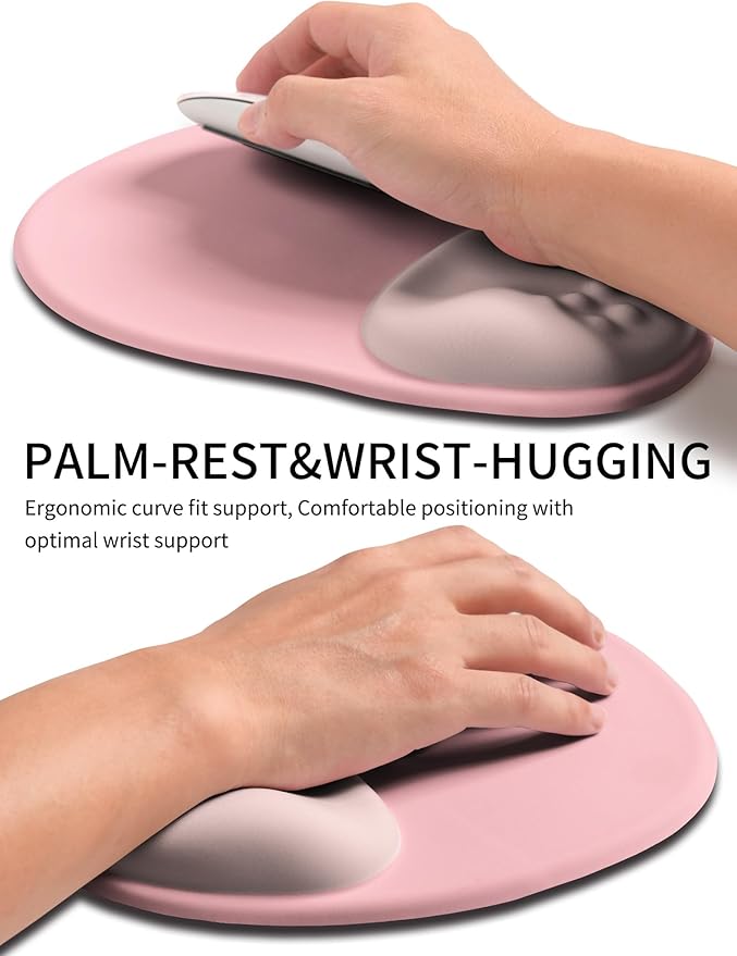 Palm-Rest and Wrist-Hugging Mouse Pad Wrist Rest, Ergonomic Wrist Support with Curve Fitting Cushioned Memory Foam for Carpal Tunnel Pain Relief, 9.9 x 8.3 Inch,Pink Serenity