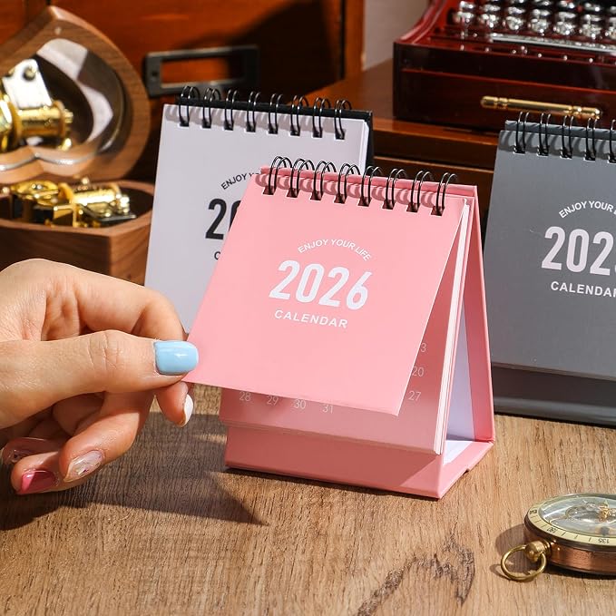 Mini Desk Calendar 2026-2027 - Jan 2026 to June 2027 Small Desktop Calendar Mini Daily Schedule Thick Paper Twin-Wire Binding with Stickers for Home Office School (Mini Pink)